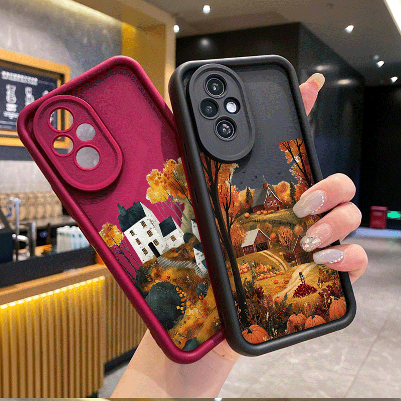 レトロな田舎の建物と秋の風景のパターンが描かれたHonor  - Huawei Mate 60 のレビューと価格