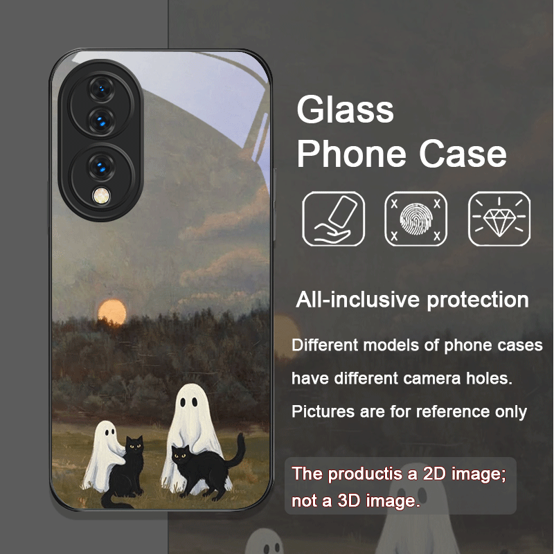 かわいい漫画の黒猫ゴースト柄強化ガラス製スマホケース Hua - Huawei Mate 60 のレビューと価格