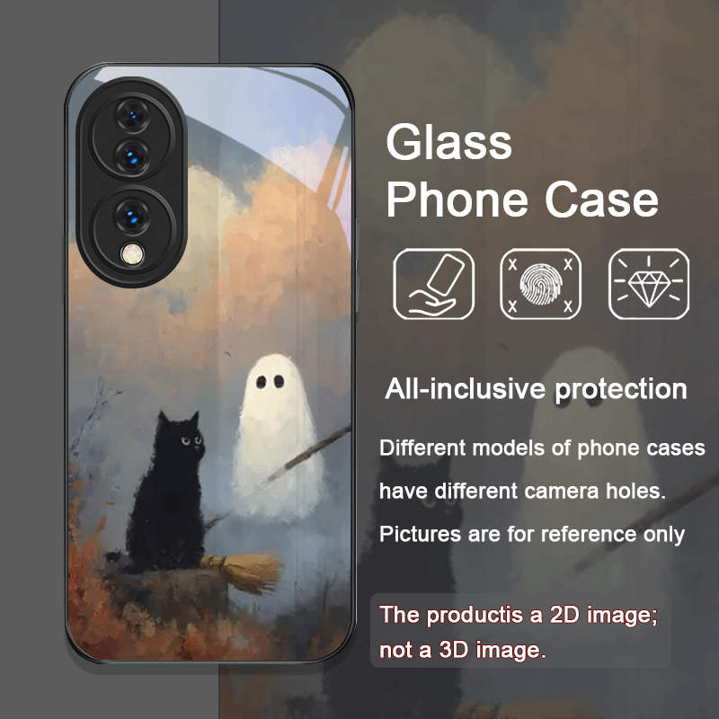 かわいい漫画の黒猫ゴースト柄強化ガラス製スマホケース Hua - Huawei Mate 60 のレビューと価格