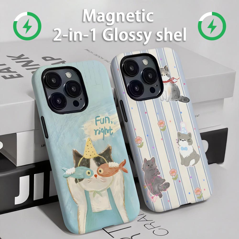 かわいい猫と犬のスマホケース マグネット式 2-in-1 光 - Apple Iphone 15 のレビューと価格