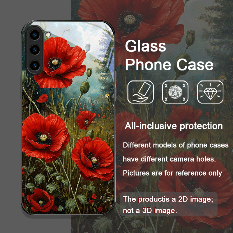 レトロなポピーの花柄、ホットレッドプリントの強化ガラス製スマ - Samsung Galaxy S24 のレビューと価格